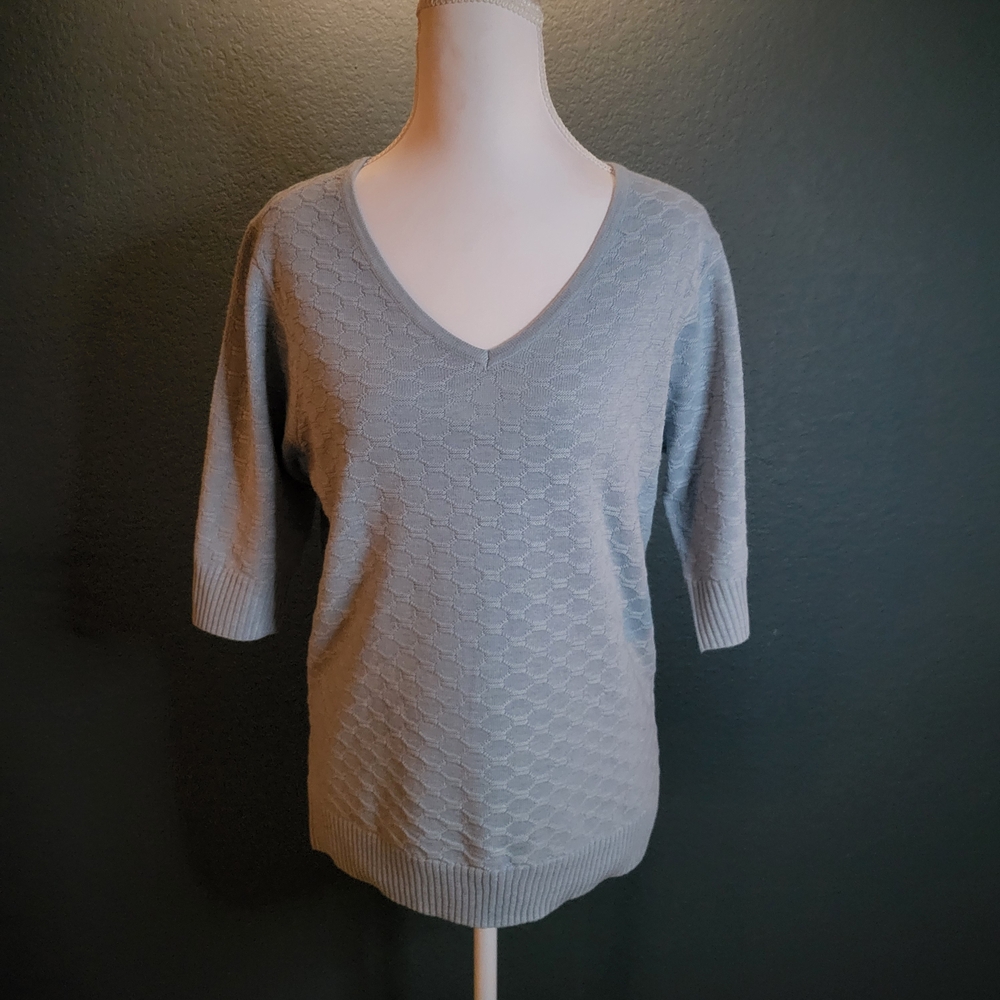 Ella Moss NWT Light Blue Textured V-Neck Sweater Size Small 3/4 Sleeve Knit Top